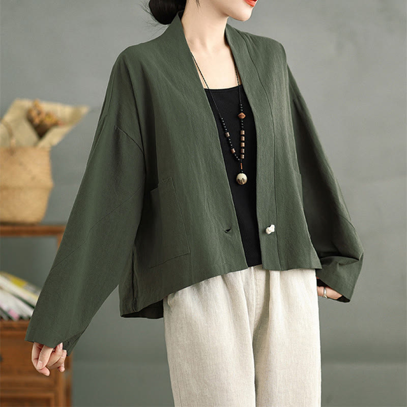 Buddha Stones Lässige Vintage-Jacke, schlicht, langärmelig, offen, mit Taschen - image 16