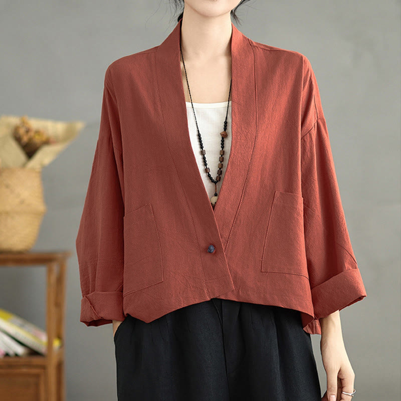 Buddha Stones Lässige Vintage-Jacke, schlicht, langärmelig, offen, mit Taschen - image 9