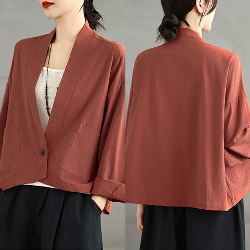 Buddha Stones Lässige Vintage-Jacke, schlicht, langärmelig, offen, mit Taschen - image 11