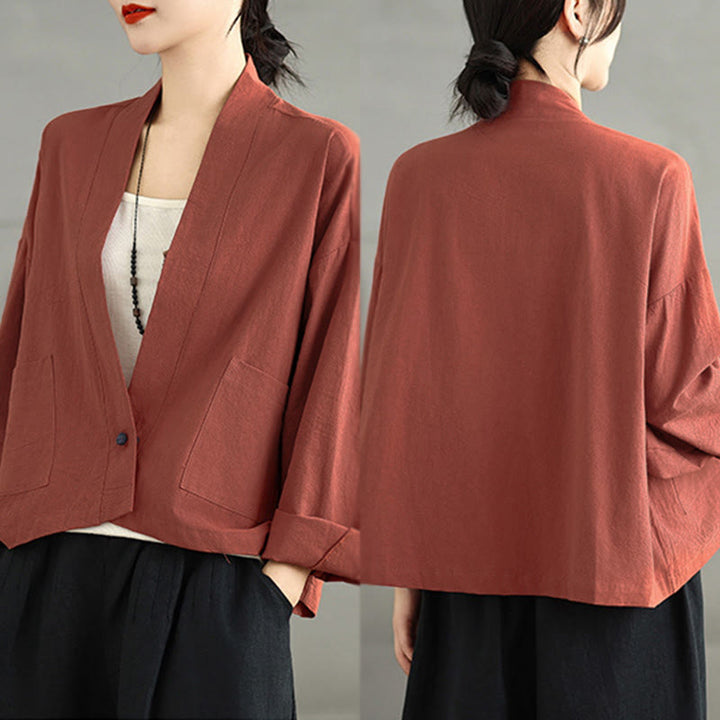 Buddha Stones Lässige Vintage-Jacke, schlicht, langärmelig, offen, mit Taschen - image 11