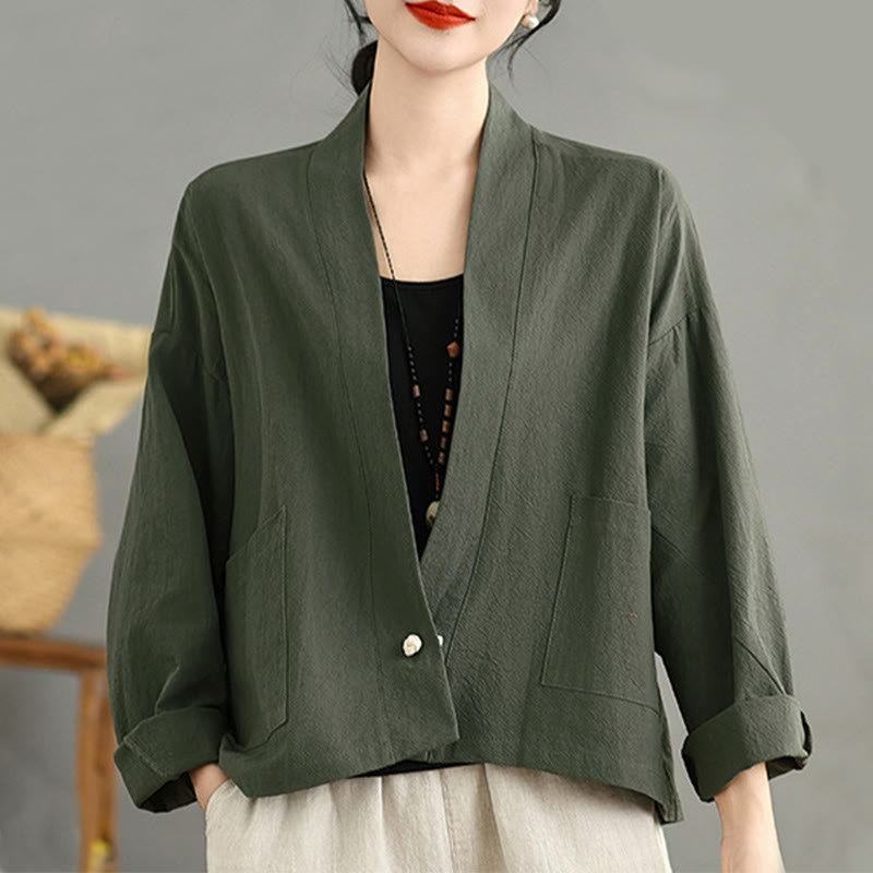 Buddha Stones Lässige Vintage-Jacke, schlicht, langärmelig, offen, mit Taschen - image 15