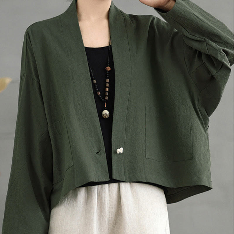 Buddha Stones Lässige Vintage-Jacke, schlicht, langärmelig, offen, mit Taschen - Dunkelolivgrün - US14, UK/AU18, EU46 (2XL) - image 14