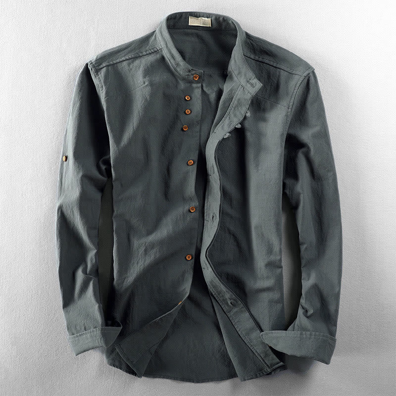 Buddha Stones Herren Slim Fit Design Stehkragen Rundhals Langarm Baumwoll-Leinenhemd - Kadettenblau - US/ UK/AU48, EU58 (7XL) - image 10