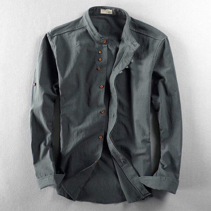 Buddha Stones Herren Slim Fit Design Stehkragen Rundhals Langarm Baumwoll-Leinenhemd - Kadettenblau - US/ UK/AU48, EU58 (7XL) - image 10
