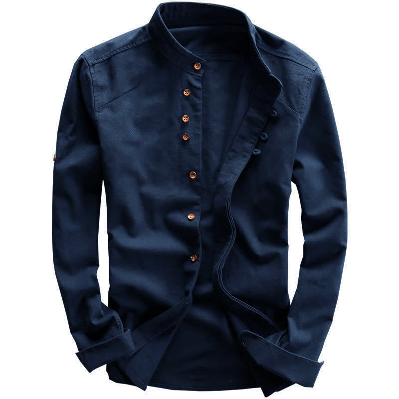 Buddha Stones Slim Fit Design Stehkragen Rundhals Baumwoll-Leinen Herren Langarmhemd - image 1