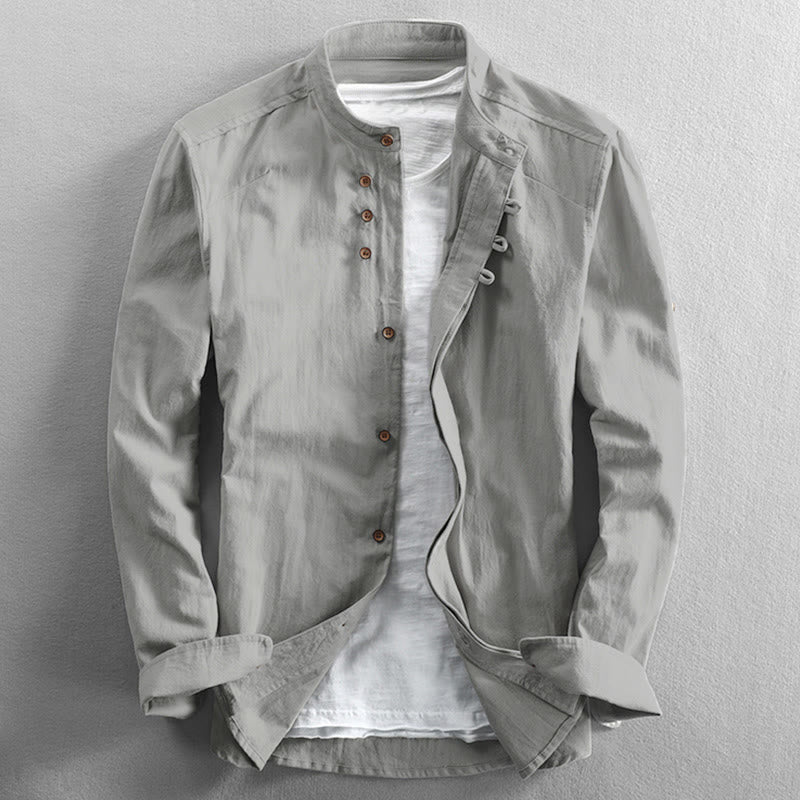 Buddha Stones Herren Slim Fit Design Stehkragen Rundhals Langarm Baumwoll-Leinenhemd - Weißer Rauch - US/ UK/AU48, EU58 (7XL) - image 12