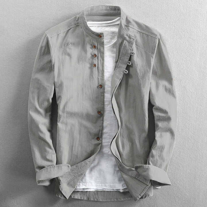 Buddha Stones Herren Slim Fit Design Stehkragen Rundhals Langarm Baumwoll-Leinenhemd - Weißer Rauch - US/ UK/AU48, EU58 (7XL) - image 12