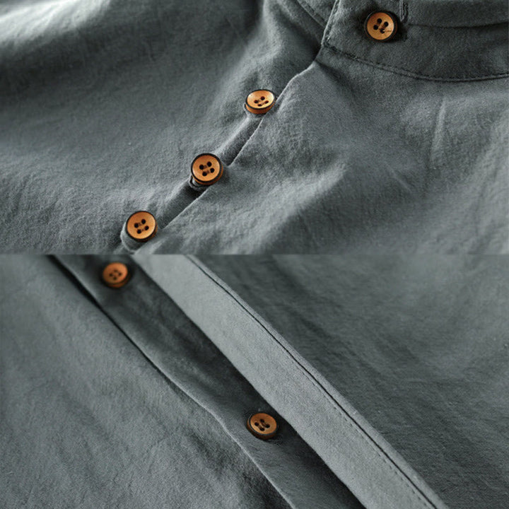 Buddha Stones Herren Slim Fit Design Stehkragen Rundhals Langarm Baumwoll-Leinenhemd - image 11