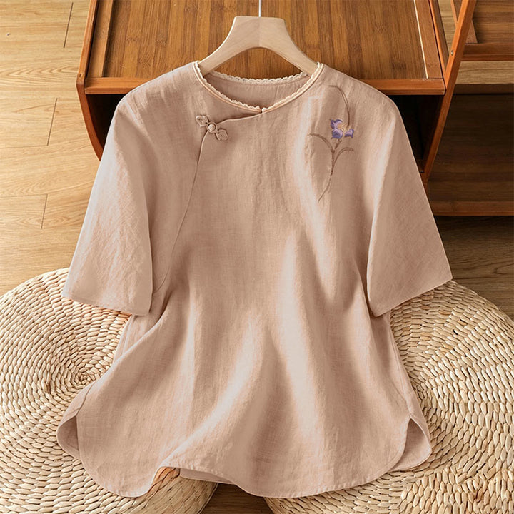Buddha Stones Sommerliche Kurzarmblusen im Vintage-Stil mit Froschknopf-Stickerei und Blumenmuster, Damen, Tang Style - Biskuit - US8-10, UK/AU12-14, EU40-42 (2XL) - image 0