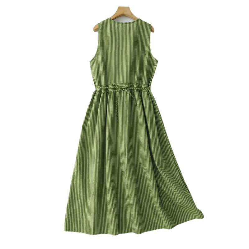 Buddha Stones Sommerliches, lässig-elegantes, grün gestreiftes, ärmelloses Sommerkleid für Damen mit Rundhalsausschnitt und Rundhalsausschnitt - image 2