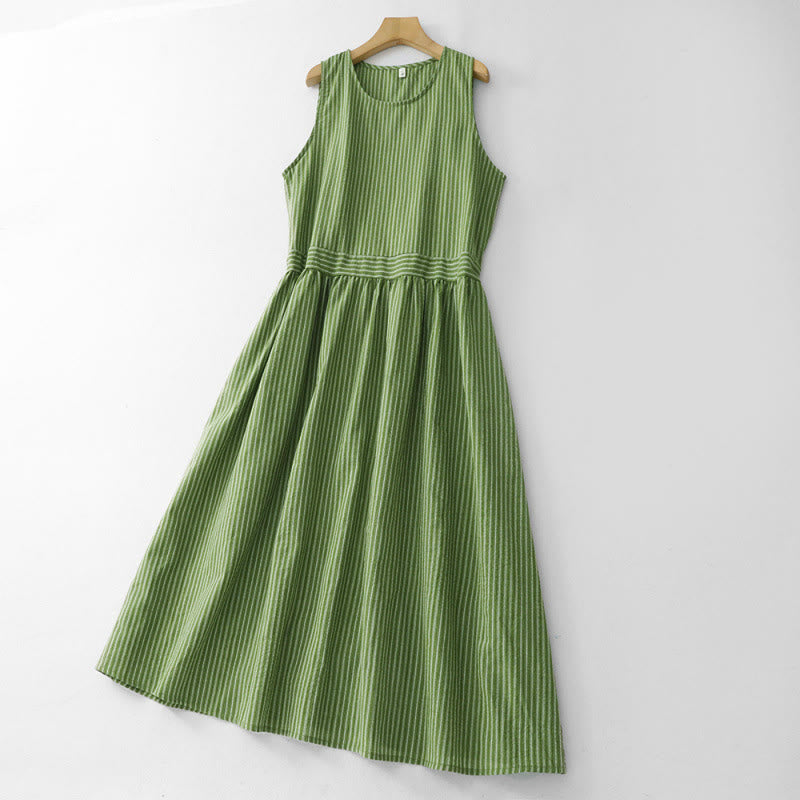 Buddha Stones Sommerliches, lässig-elegantes, grün gestreiftes, ärmelloses Sommerkleid für Damen mit Rundhalsausschnitt und Rundhalsausschnitt - image 1