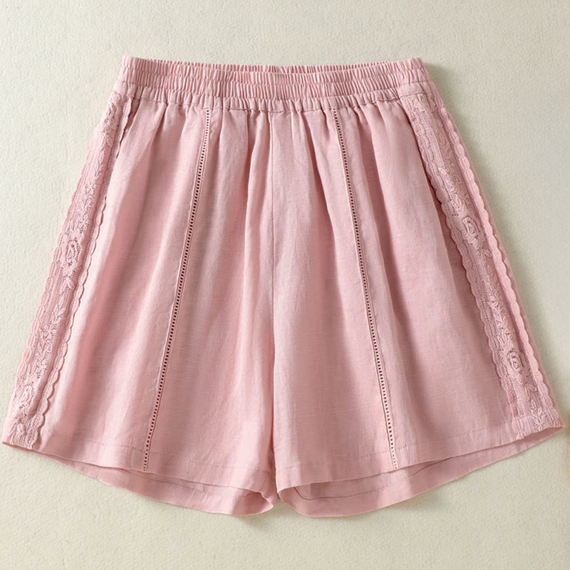 Buddha Stones Lässige, sommerliche Boho-Shorts für Damen mit einfarbiger, dekorativer Seitenspitze und Taschen - image 16