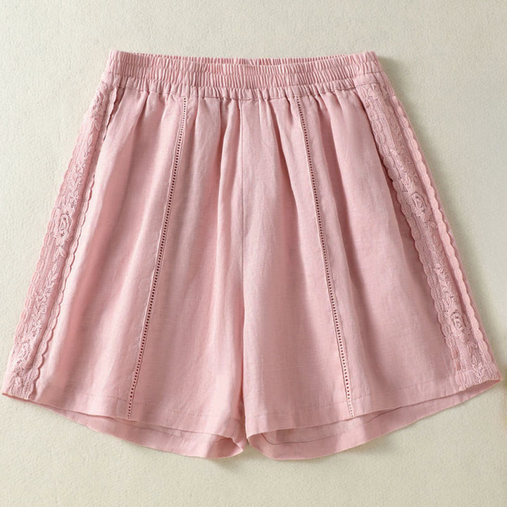 Buddha Stones Lässige, sommerliche Boho-Shorts für Damen mit einfarbiger, dekorativer Seitenspitze und Taschen - image 16