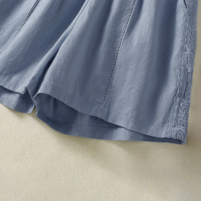 Buddha Stones Lässige, sommerliche Boho-Shorts für Damen mit einfarbiger, dekorativer Seitenspitze und Taschen - image 4