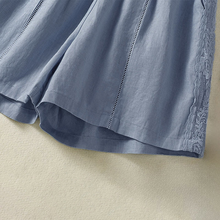 Buddha Stones Lässige, sommerliche Boho-Shorts für Damen mit einfarbiger, dekorativer Seitenspitze und Taschen - image 4