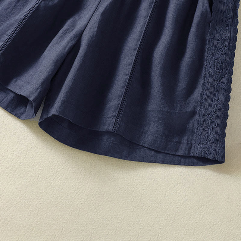 Buddha Stones Lässige, sommerliche Boho-Shorts für Damen mit einfarbiger, dekorativer Seitenspitze und Taschen - image 14