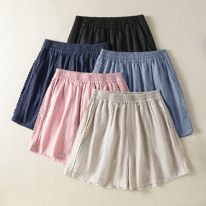 Buddha Stones Lässige, sommerliche Boho-Shorts für Damen mit einfarbiger, dekorativer Seitenspitze und Taschen - image 25