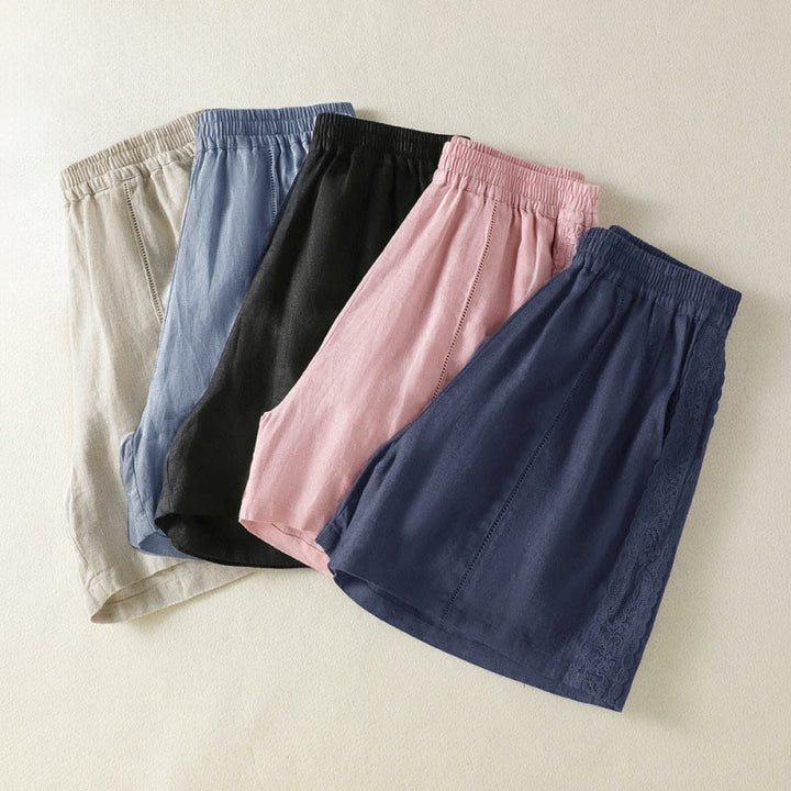 Buddha Stones Lässige, sommerliche Boho-Shorts für Damen mit einfarbiger, dekorativer Seitenspitze und Taschen - image 26