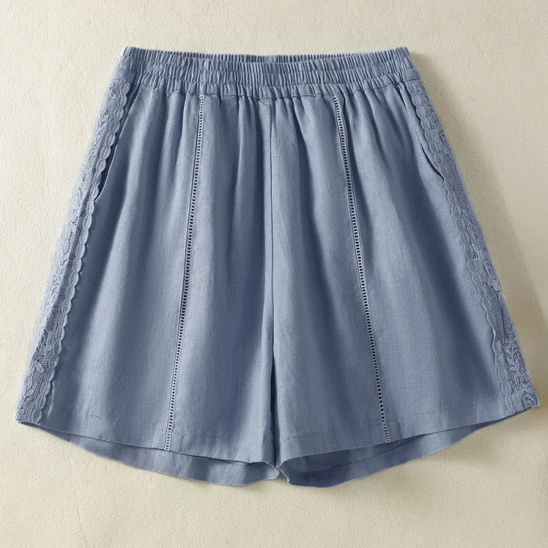 Buddha Stones Lässige, sommerliche Boho-Shorts für Damen mit einfarbiger, dekorativer Seitenspitze und Taschen - Hellstahlblau - US8-10, UK/AU12-14, EU40-42 (2XL) - image 0