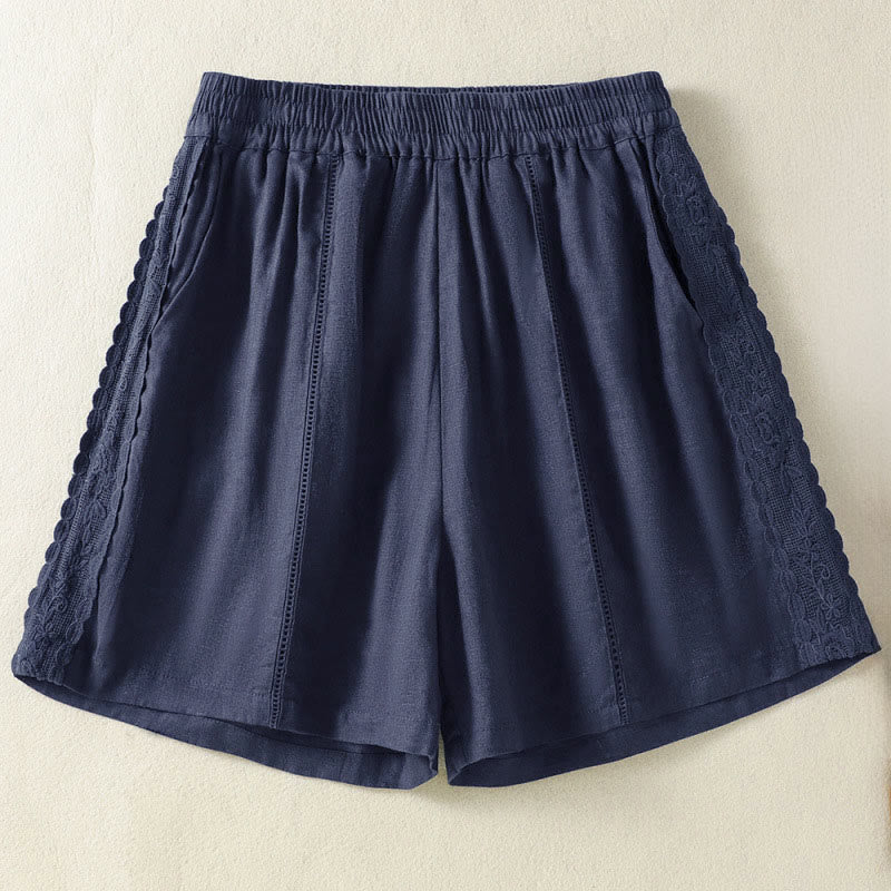 Buddha Stones Lässige, sommerliche Boho-Shorts für Damen mit einfarbiger, dekorativer Seitenspitze und Taschen - Mitternachtsblau - US8-10, UK/AU12-14, EU40-42 (2XL) - image 10