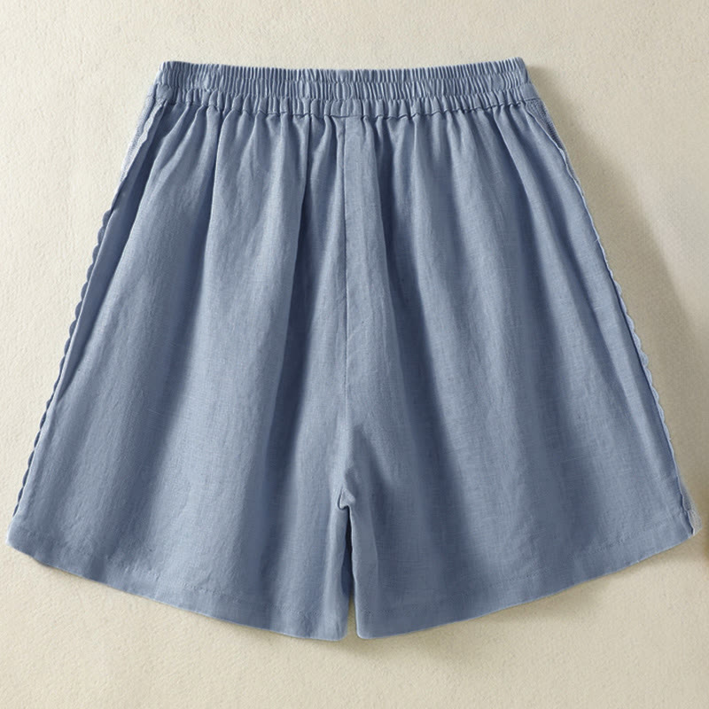 Buddha Stones Lässige, sommerliche Boho-Shorts für Damen mit einfarbiger, dekorativer Seitenspitze und Taschen - image 1