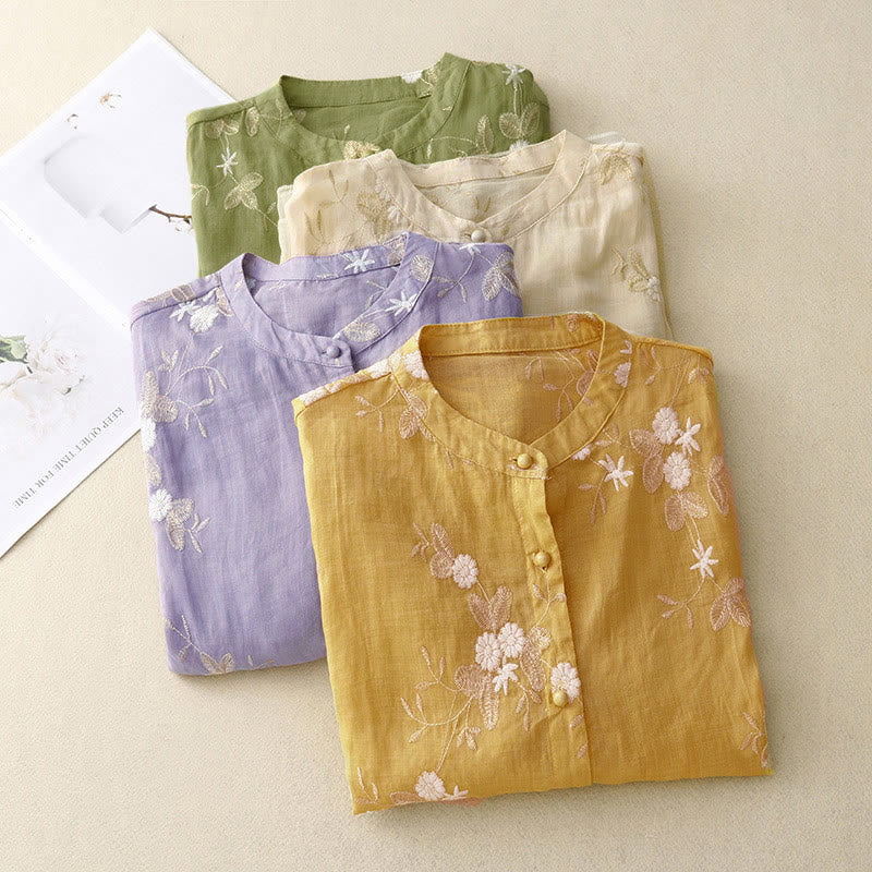 Lässiges Damen-Shirt mit Buddha Stones -Stickerei und Blütenblättern, Rundhalsausschnitt und halben Ärmeln - image 17