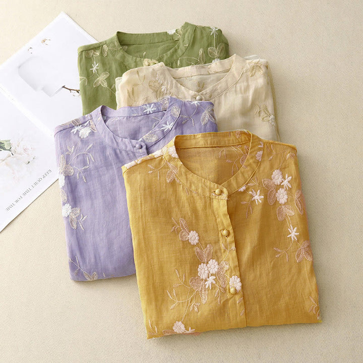 Lässiges Damen-Shirt mit Buddha Stones -Stickerei und Blütenblättern, Rundhalsausschnitt und halben Ärmeln - image 17