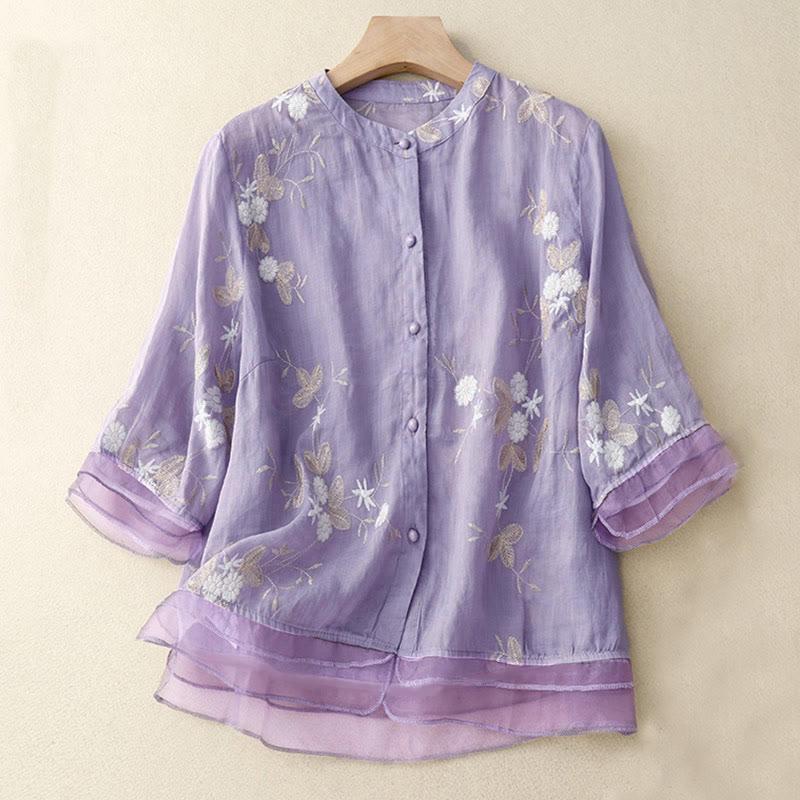 Lässiges Damen-Shirt mit Buddha Stones -Stickerei und Blütenblättern, Rundhalsausschnitt und halben Ärmeln - Pflaume - US 8-10, UK/AU 12-14, EU 40-42 (2XL) - image 0