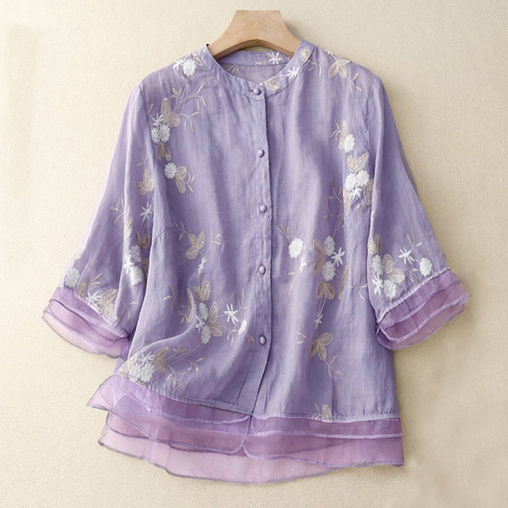 Lässiges Damen-Shirt mit Buddha Stones -Stickerei und Blütenblättern, Rundhalsausschnitt und halben Ärmeln - Pflaume - US 8-10, UK/AU 12-14, EU 40-42 (2XL) - image 0