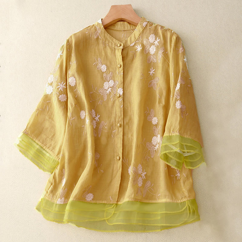 Lässiges Damen-Shirt mit Buddha Stones -Stickerei und Blütenblättern, Rundhalsausschnitt und halben Ärmeln - Khaki - US 8-10, UK/AU 12-14, EU 40-42 (2XL) - image 7