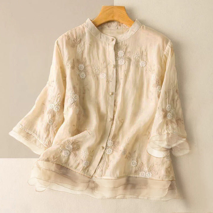 Lässiges Damen-Shirt mit Buddha Stones -Stickerei und Blütenblättern, Rundhalsausschnitt und halben Ärmeln - Hellgelb - US 8-10, UK/AU 12-14, EU 40-42 (2XL) - image 3