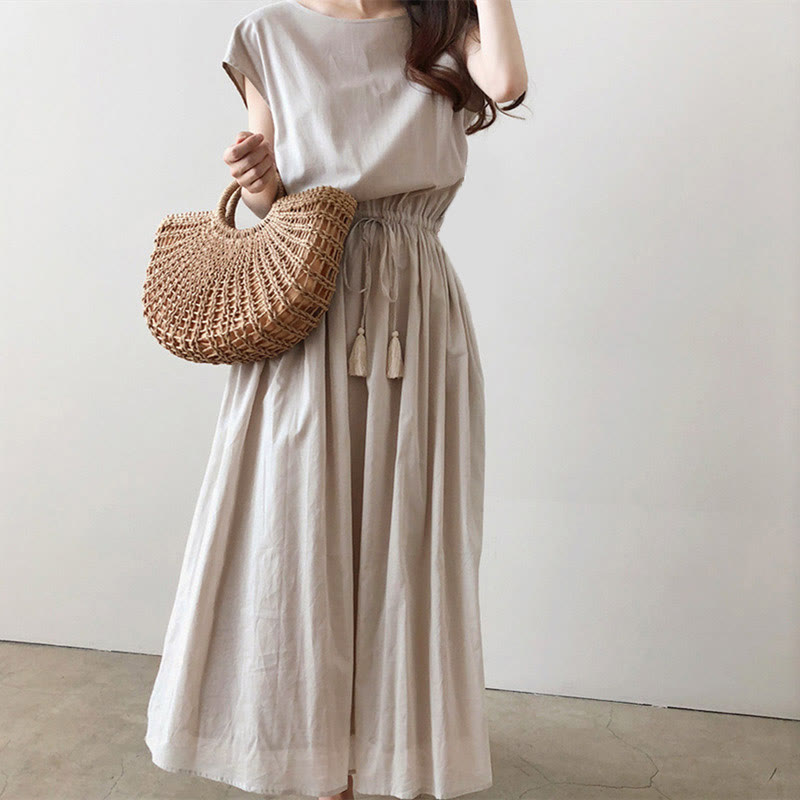 Buddha Stones Casual Eastic Kurzarm-Midikleid mit Kordelzug in der Taille - Leinen - US 8-10, UK/AU 12-14, EU 40-42 (2XL) - image 0