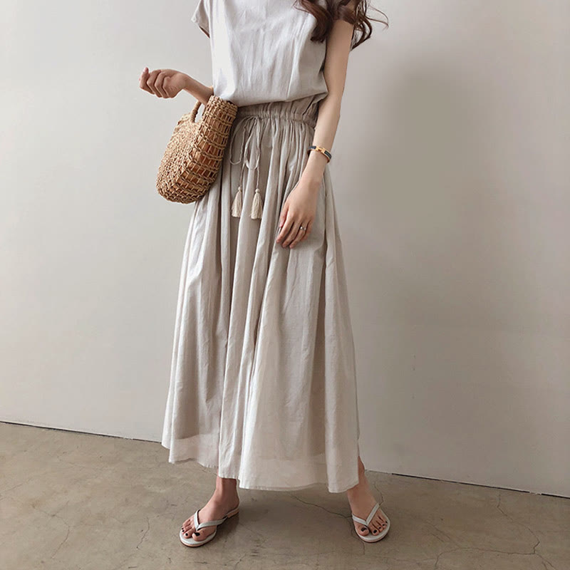 Buddha Stones Casual Eastic Kurzarm-Midikleid mit Kordelzug in der Taille - image 2