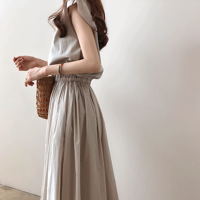 Buddha Stones Casual Eastic Kurzarm-Midikleid mit Kordelzug in der Taille - image 5
