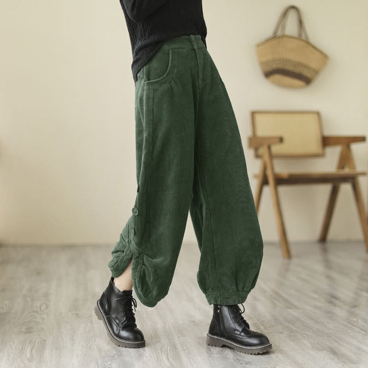 Lässige Cordhose für Damen mit Buddha Stones, Knöpfen, Beinöffnung und Taschen - SeaGreen - US 8-10, UK/AU 12-14, EU 40-42 (2XL) - image 10