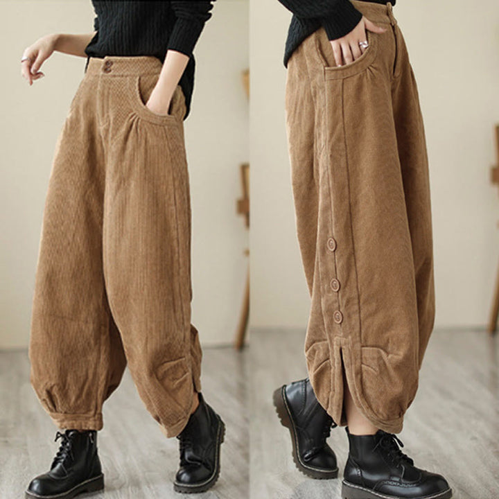 Lässige Cordhose für Damen mit Buddha Stones, Knöpfen, Beinöffnung und Taschen - image 3