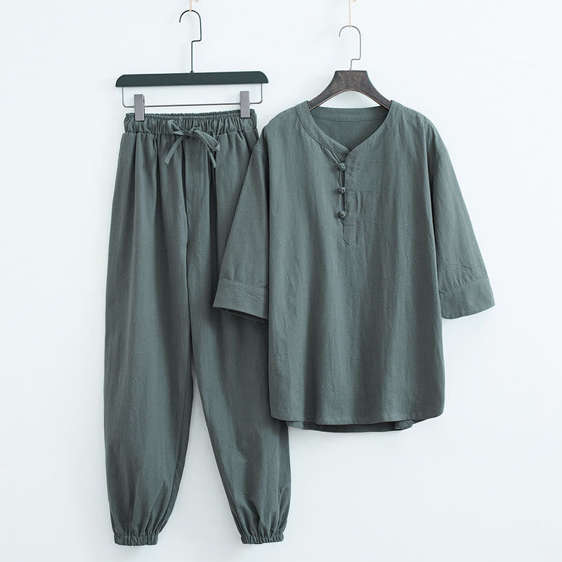 Buddha Stones, einfarbiges traditionelles Kurzarm-T-Shirt und Hose, Herren-Set - Grün (Oberteil & Hose) - US/ UK/AU44, EU54 (4XL) - image 0