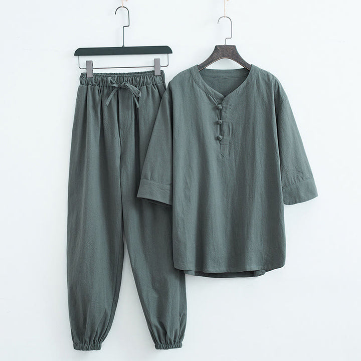 Buddha Stones, einfarbiges traditionelles Kurzarm-T-Shirt und Hose, Herren-Set - Grün (Oberteil & Hose) - US/ UK/AU44, EU54 (4XL) - image 0