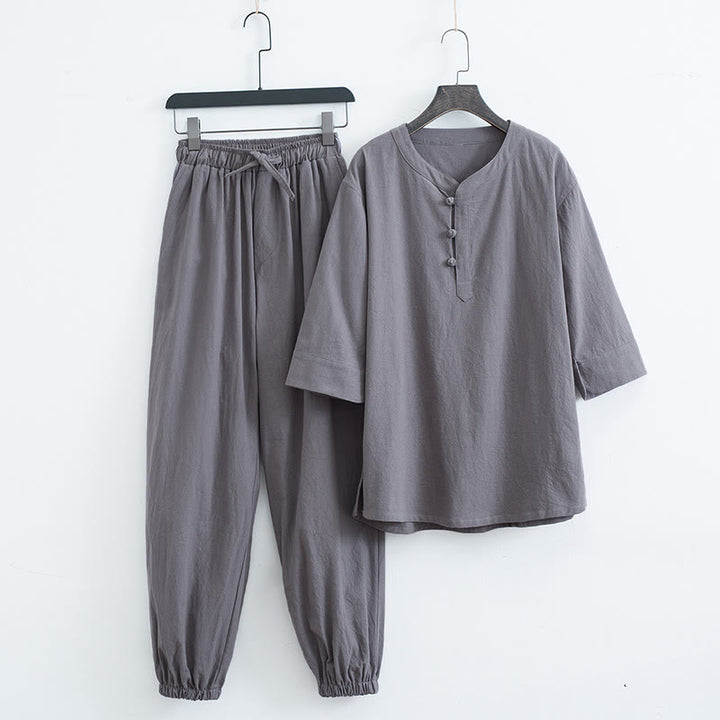 Buddha Stones, einfarbiges traditionelles Kurzarm-T-Shirt und Hose, Herren-Set - Grau (Oberteil & Hose) - US/ UK/AU44, EU54 (4XL) - image 7