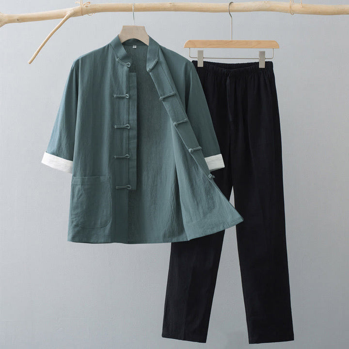 Buddha Stones ​​Traditioneller Frosch-Tang-Anzug Baumwoll-Halbarm-Oberteil-Hose-Bekleidungsset für Herren - Grünes Oberteil & Schwarze Hose - US/ UK/AU44, EU54 (4XL)  - image 0