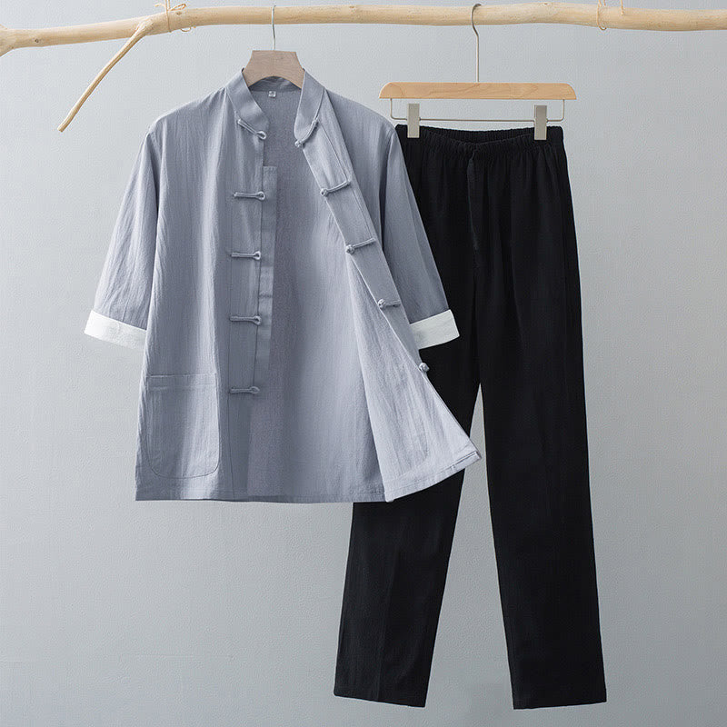 Buddha Stones ​​Traditioneller Frosch-Tang-Anzug Halbarm-Oberteil-Hose-Bekleidungsset für Herren - Graues Oberteil & Schwarze Hose - US/UK/AU44, EU54 (4XL) - image 6