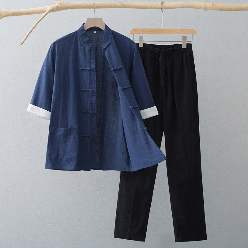 Buddha Stones ​​Traditioneller Frosch-Tang-Anzug Halbarm-Oberteil-Hose-Bekleidungsset für Herren - Marineblaues Oberteil & schwarze Hose - US/UK/AU44, EU54 (4XL) - image 7