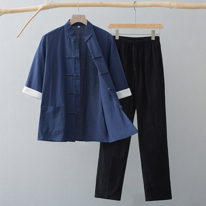 Buddha Stones ​​Traditioneller Frosch-Tang-Anzug Halbarm-Oberteil-Hose-Bekleidungsset für Herren - Marineblaues Oberteil & schwarze Hose - US/UK/AU44, EU54 (4XL) - image 7