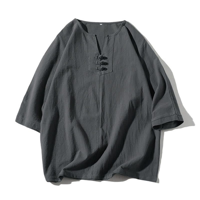 Buddha Stones ​​2-teiliges Set: Einfarbiges T-Shirt mit Kerbkragen und Shorts mit weitem Bein und Taschen – Meditationskleidung für Herren - image 1
