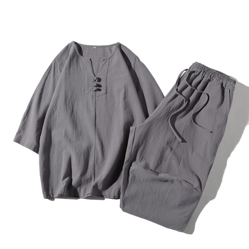 Buddha Stones ​​2-teiliges Set: Einfarbiges T-Shirt mit Kerbkragen und Shorts mit weitem Bein und Taschen – Meditationskleidung für Herren - Silber - US/ UK/AU46, EU56 (5XL) - image 20