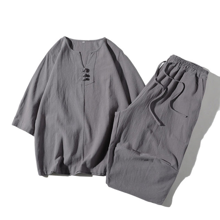 Buddha Stones ​​2-teiliges Set: Einfarbiges T-Shirt mit Kerbkragen und Shorts mit weitem Bein und Taschen – Meditationskleidung für Herren - Silber - US/ UK/AU46, EU56 (5XL) - image 20