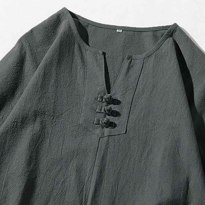 Buddha Stones ​​2-teiliges Set: Einfarbiges T-Shirt mit Kerbkragen und Shorts mit weitem Bein und Taschen – Meditationskleidung für Herren - image 4