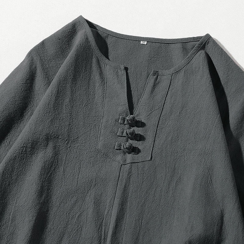 Buddha Stones ​​2-teiliges Set: Einfarbiges T-Shirt mit Kerbkragen und Shorts mit weitem Bein und Taschen – Meditationskleidung für Herren - image 5