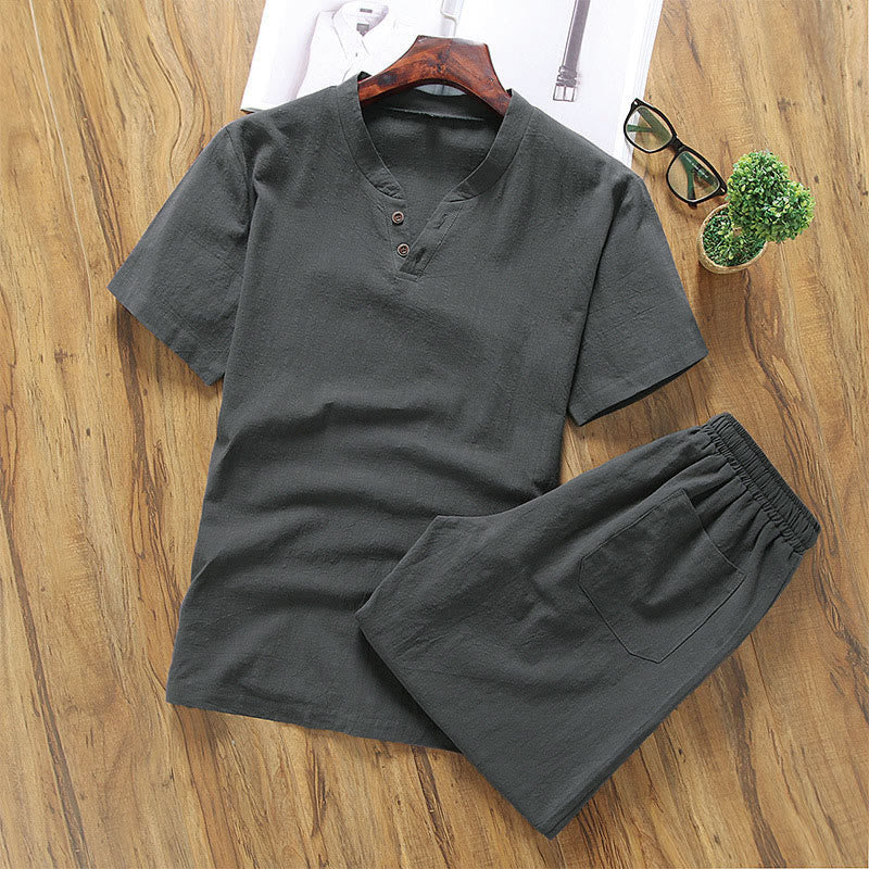 Buddha Stones Freizeit-Set, 2-teilig, schlichtes T-Shirt mit Shorts und Taschen, Baumwoll-Leinen-Meditationskleidung für Herren - DimGray - US/ UK/AU46, EU56 (5XL) - image 5