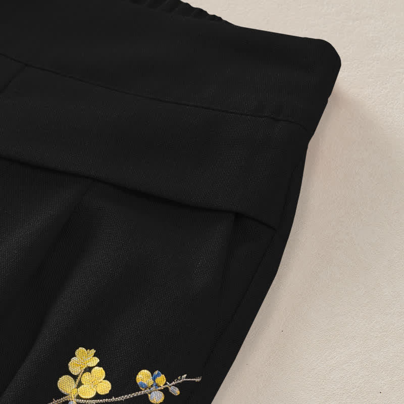 Buddha Stones Baumwoll-Leinen-Hose mit Vintage-gelbem Blumenmuster, elastischem Bund, weitem Bein und Taschen - image 2
